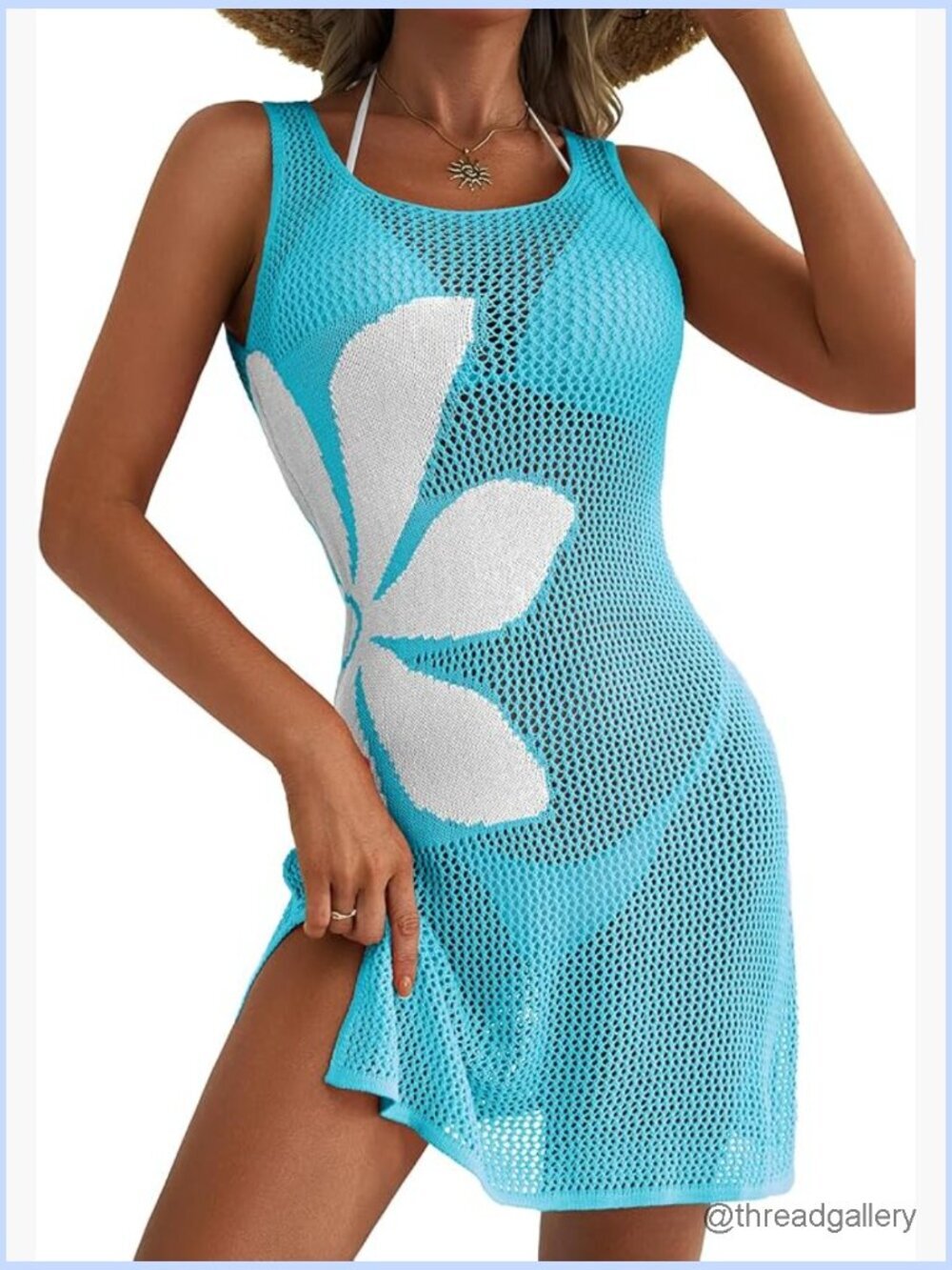 Crochet Beach Floral Hollow Out Slit Bikini Sleeveless Cover up Dress